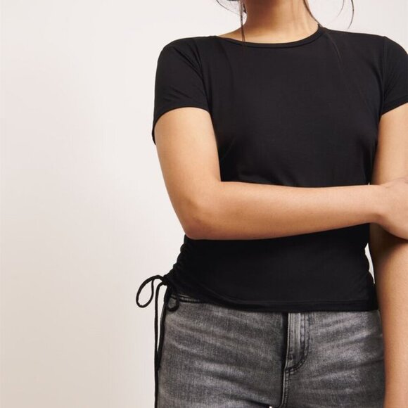 Dynamite Ultra Soft Cropped Baby Tee with Ruching Detail - Medium in Black - Picture 1 of 9